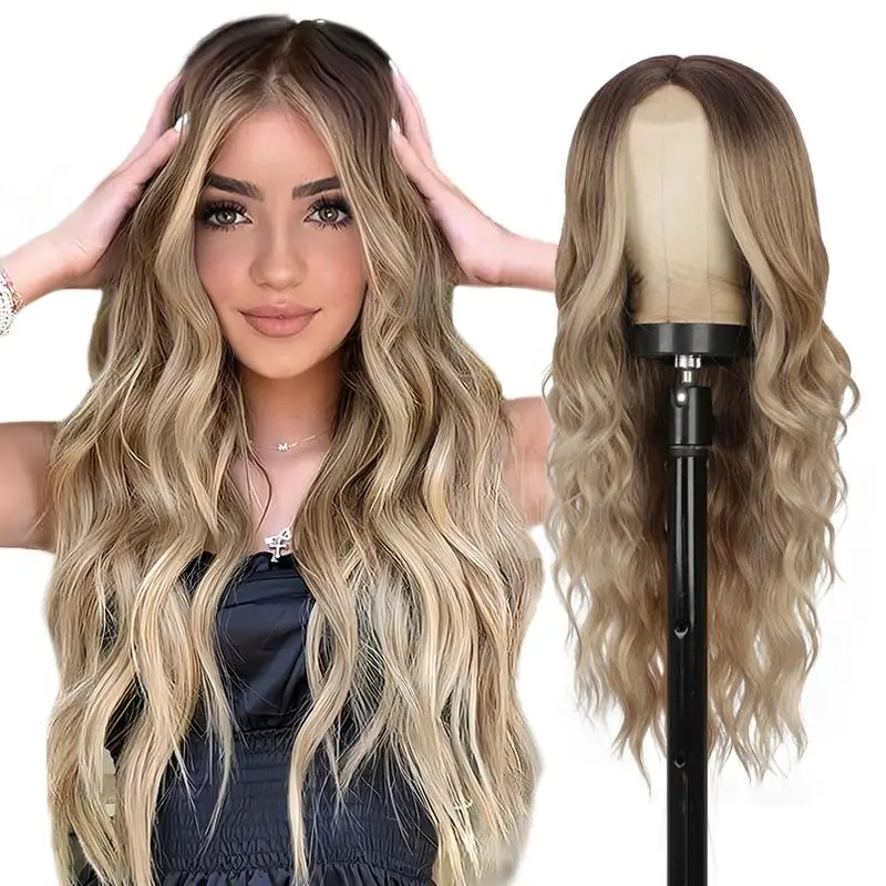 ZIHAN Women's Fluffy Blonde Wavy Dark Root Synthetic Lace Front Wig, Natural-Looking Heat-Resistant Synthetic Hair, Ideal for Daily & Party Use, Synthetic Lace Wigs, Fluffy Synthetic Wig