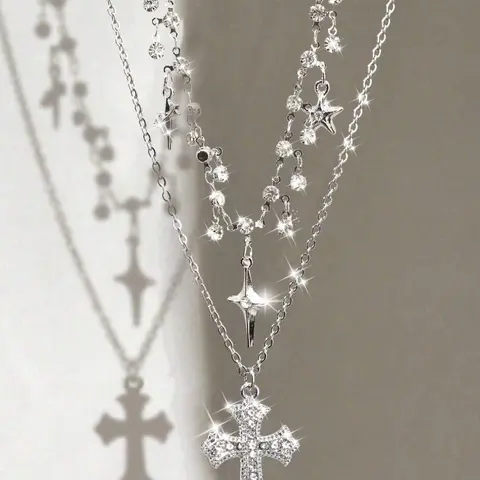 Women's Y2K Multi-Layer Necklace Set, Sparkling Zirconia Gothic Cross Pendant & Star Charm, Elegant Fashion Jewelry for Women, Exquisite Chain Jewelry, Cross Necklaces, Costume Necklaces, Fashion Jewelry Party
