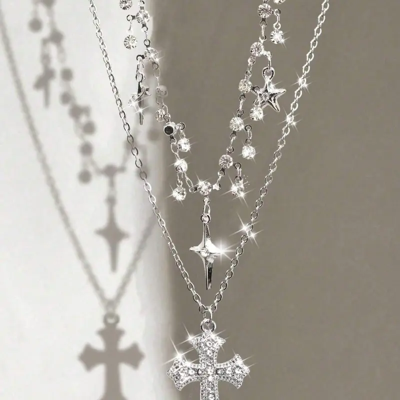 Women's Y2K Multi-Layer Necklace Set, Sparkling Zirconia Gothic Cross Pendant & Star Charm, Elegant Fashion Jewelry for Women, Exquisite Chain Jewelry, Cross Necklaces, Costume Necklaces, Fashion Jewelry Party