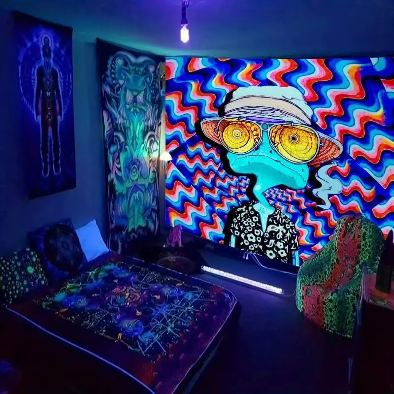 ADDWel Blacklight Frog Tapestry, Hippie Alien Tapestry Glow In The Dark, UV Reactive Black Light Upright Posters Wall Hanging for Bedroom Dorm Living Room Backdrop Decor Decoration Items Gift Floral Designs bedroom decor chill room accessories Neon