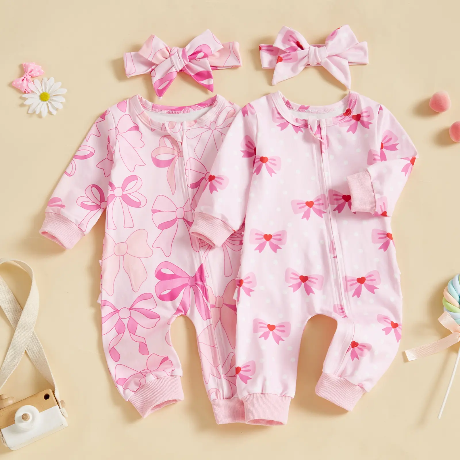 Preemie Baby Girl Clothes Bow Print Romper Jumpsuit Zipped Long Sleeve Newborn Clothes Coming Home Outfit