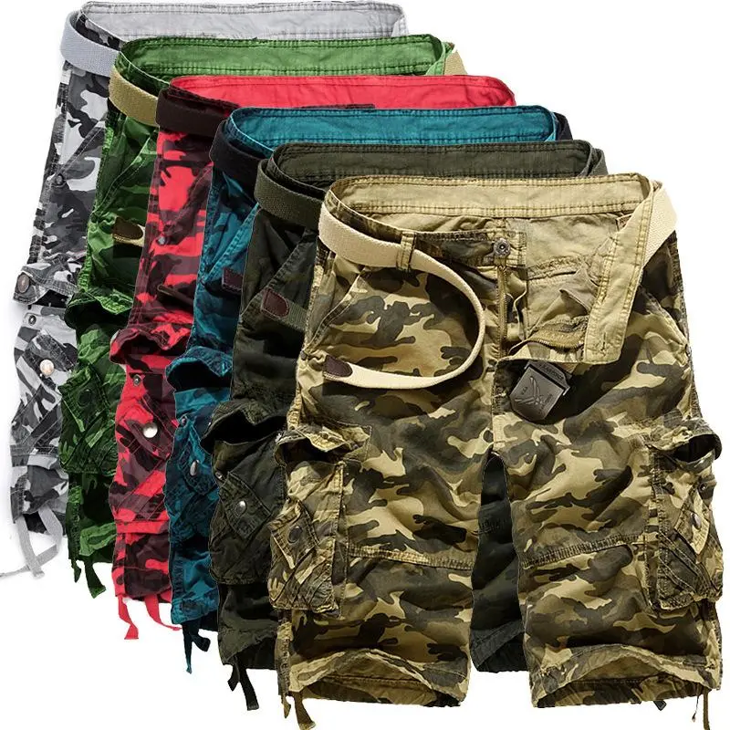 2025 Wholesale Men's Summer Loose Casual Camouflage Cargo Shorts Plus Size Multi-Pocket Mid-Length Shorts 95 Cotton Fabric Pants White Fashion Menswear