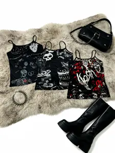 American Punk Style Skull Graffiti Print Graphics Straps, Dark Subculture Summer Home Top Set of Three, Casual Sleeveless Slim-Fitting Clothing