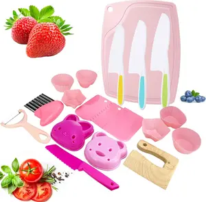 Summer Spring Gift   Kids Safe Knife Set 19 PCS with Safe Plastic Knives, Crinkle Cutter, Cutting Board, Cake Scraper