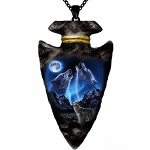 Hand-Painted Wolf Head Pendant Triangle Black Chain Necklace Bold Punk Hip Hop Style