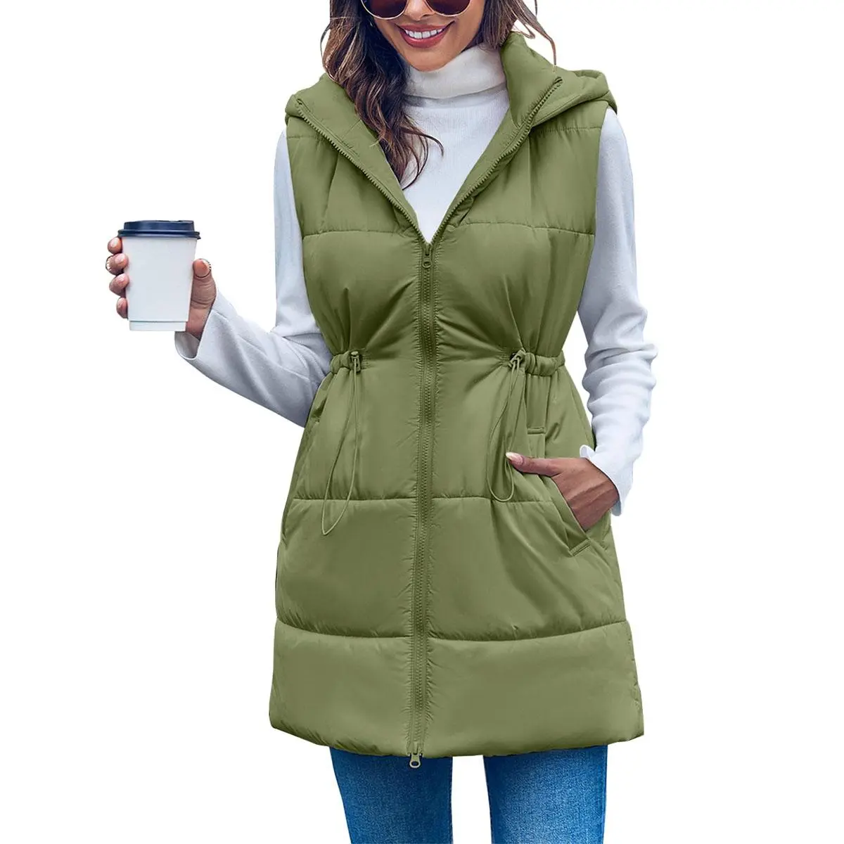 Lannew Womens Quilted Puffer Vests Hooded Sleeveless Long Outwear Jacket Winter Coat with Pockets