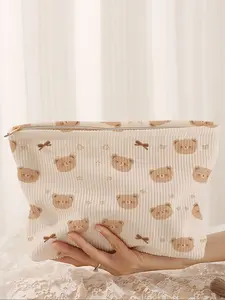 Cartoon Bear Printed Corduroy Makeup Bag, Cute Lightweight Multi-Functional Fashion Casual Cosmetic Pouch, Travel Makeup Bag for All Occasions, Makeup Organizer Pouch, Makeup Storage Bag, Cosmetic Bags