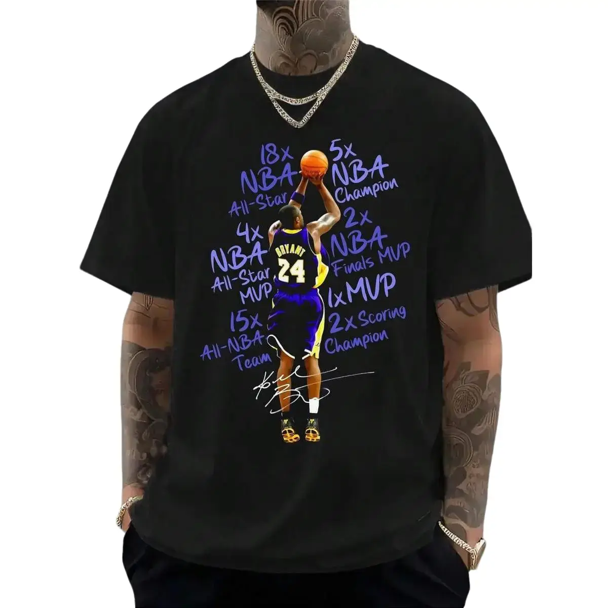 Kobe Bryant Artistic Lakers Basketball Print Soft Fabric Short-Sleeve T-Shirt, 100% Cotton Crew Neck Unisex Elegant Menswear Top, European-American Fashion Brand Apparel for Kobe Fans