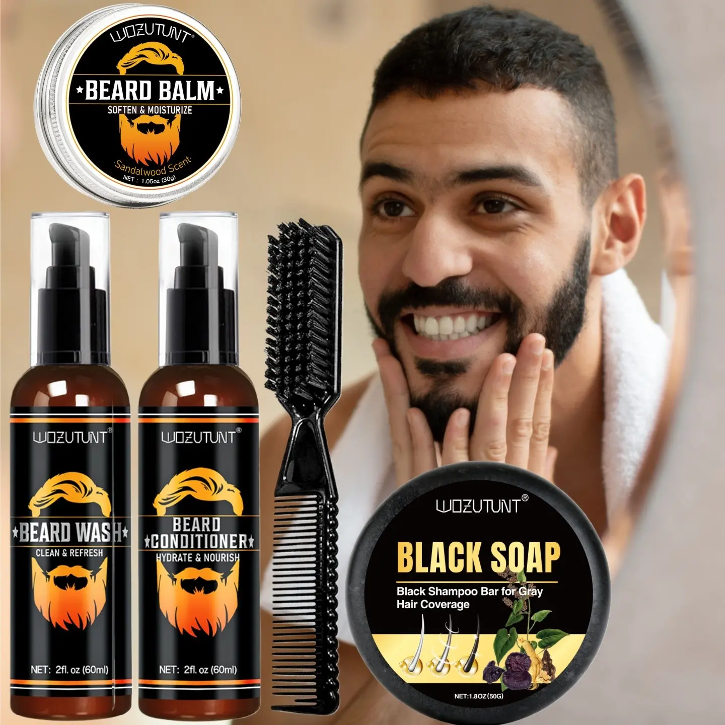 5pcs Beard Care Set, Beard Care Kit, Black Hair Dye Soap, color locking effect Covers white and gray beards cleansing Beard shampoo and conditioner, hydrating & moisturizing Anti-frizz Beard balm and after-shave cleansing care, soothing effect