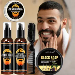 5-Piece Beard Care Set, Soap, Color Retention, Cover Beards, Deep Cleaning Shampoo, Moisturizing Conditioner, Anti-Frizz, Beard Care Kit, Beard Grooming Kit, Beard Balm, Beard Brush, Beard Routine Kit