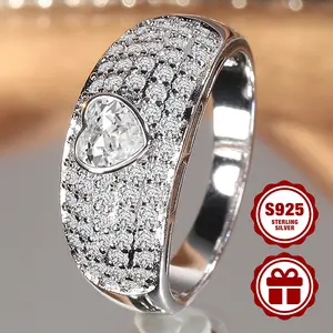 925 sterling silver engagement ring for ladies, featuring a heart-shaped main stone design, richly set with CZ stones, suitable for ladies, weddings, as a gift for girlfriends, and comes with a gift box.