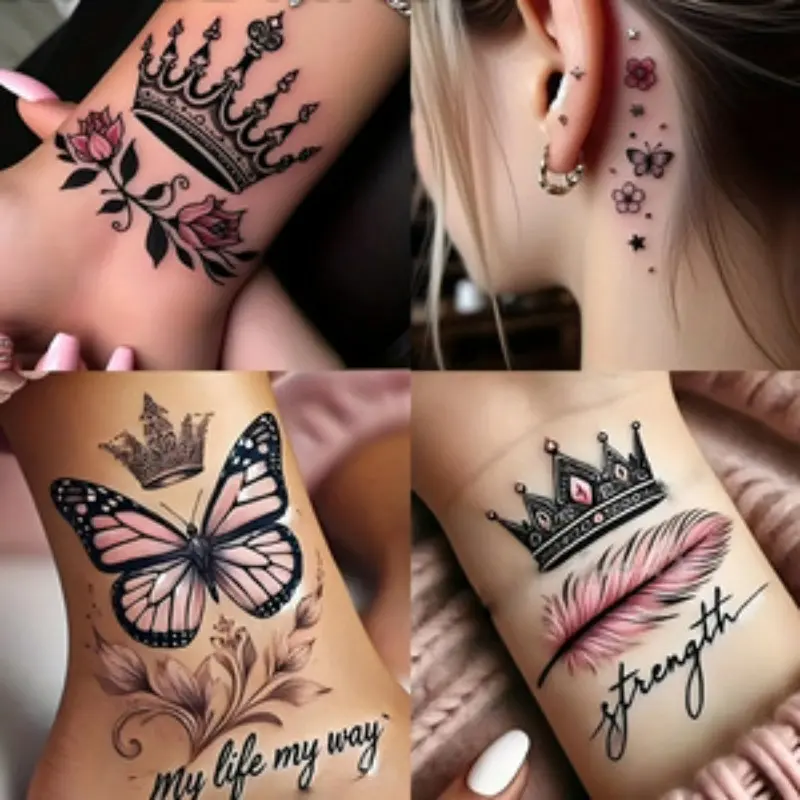 Set of 8 Temporary Tattoos Featuring Roses, Feathers, Butterflies, Hibiscus & Leaves, Romantic Design for Daily Wear & Special Occasions, Body Fake Tattoos, Ephemeral Tattoos, Aesthetic Tattoo Merch