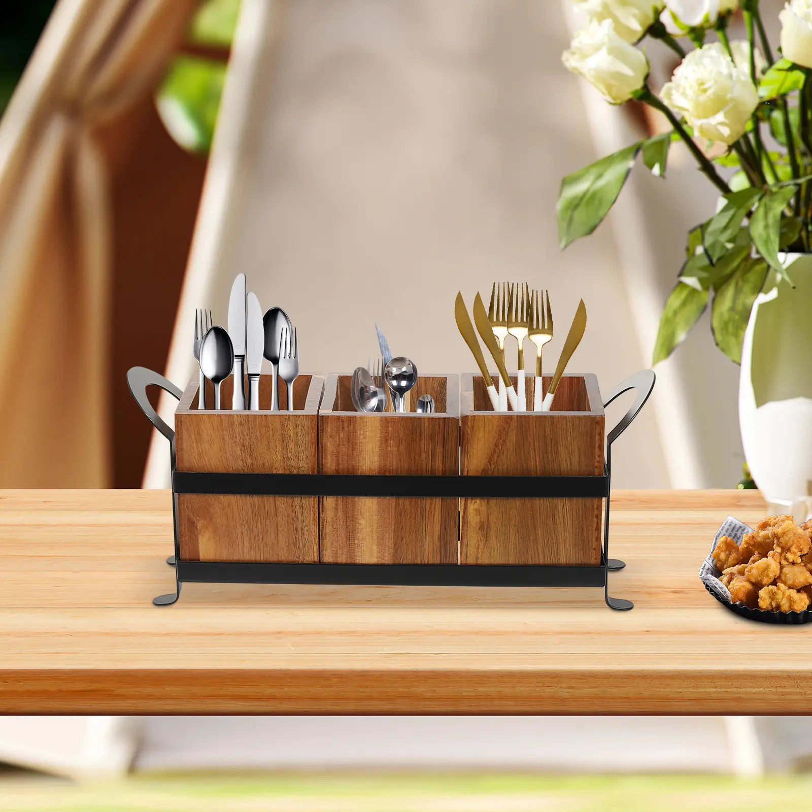 Compact 3-Compartment Wooden Utensil Storage Organizer with Metal Tray for Kitchen, Cafe Indoor Furniture Use