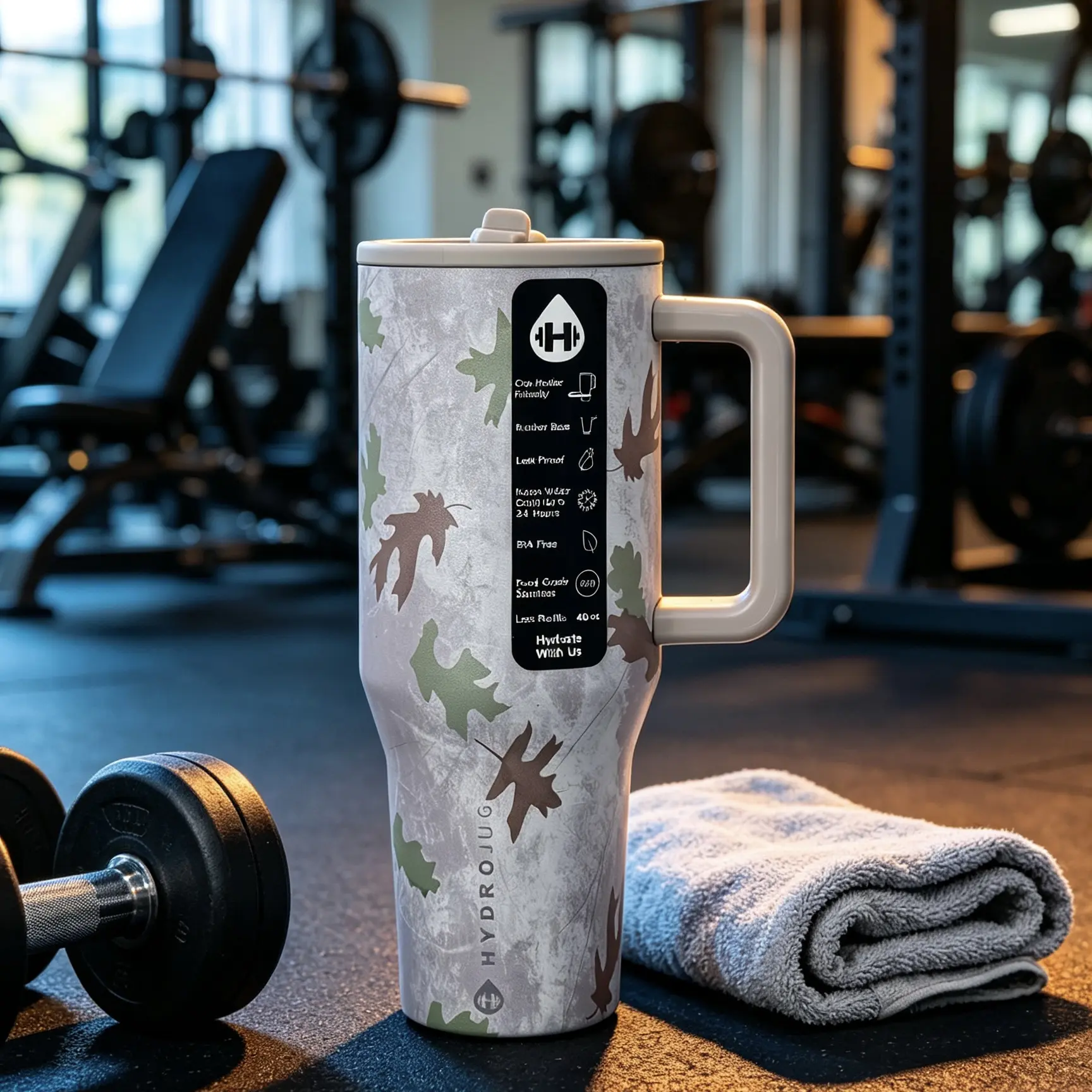 HydroJug 40oz Camo Maple Leaf Pattern Stainless Steel Insulated Water Bottle, 24-Hour Cold Retention, Leakproof Design With Large Handle & Rubber Base, BPA Free Portable Travel Tumbler for Camping, Sports, Car & Daily Use