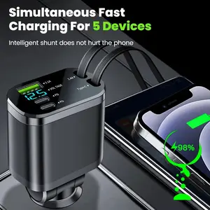 5-in-1 Fast Charging Car Phone Charger Adapter with Retractable USB Type-C Cords for Typec Charging, Retractable Car Chargers, Super Fast Charging