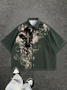 Men's Gothic Floral Print Plaid Cuban Collar Shirt, Casual Summer Shirt, Oversized Streetwear Short Sleeve Button-Up with Cross & Angel Graphics, Multiple Color Options, Perfect for Casual Outings, Dark Academia Style, and Everyday Wear