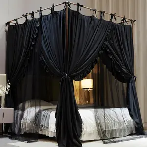 4 Corners Post Princess Curtain Bed Canopy Double Layer Cozy Mosquito Net Mesh and Cloth for Girls Adults Bedroom Decoration (Double-Black/Black, 59" W*82" L*82" H/(Queen))