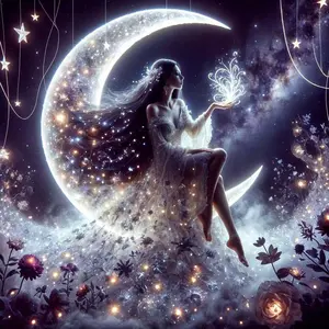 5D DIY Full Drill Round Diamond Painting - Diamond Painting Kit Moon Fairy Mosaic Canvas DIY Wall Art, Home Wall Decoration