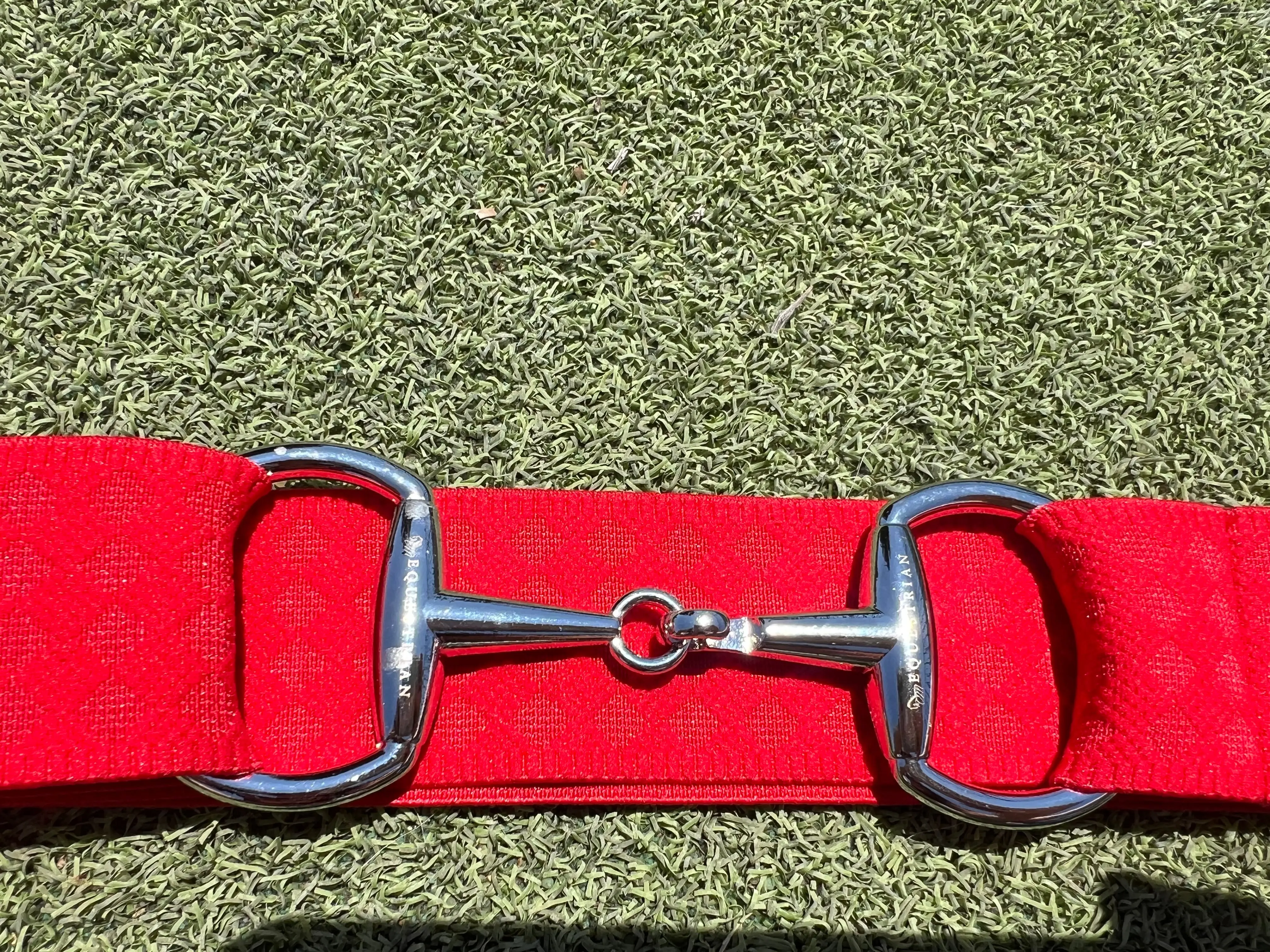 Must-Have Elastic Belts Red Snaffle Belt Buckle with Adjustable Silver Double Stirrup Closure ComfortRevolution StyleAndFunctionality ElasticBelts