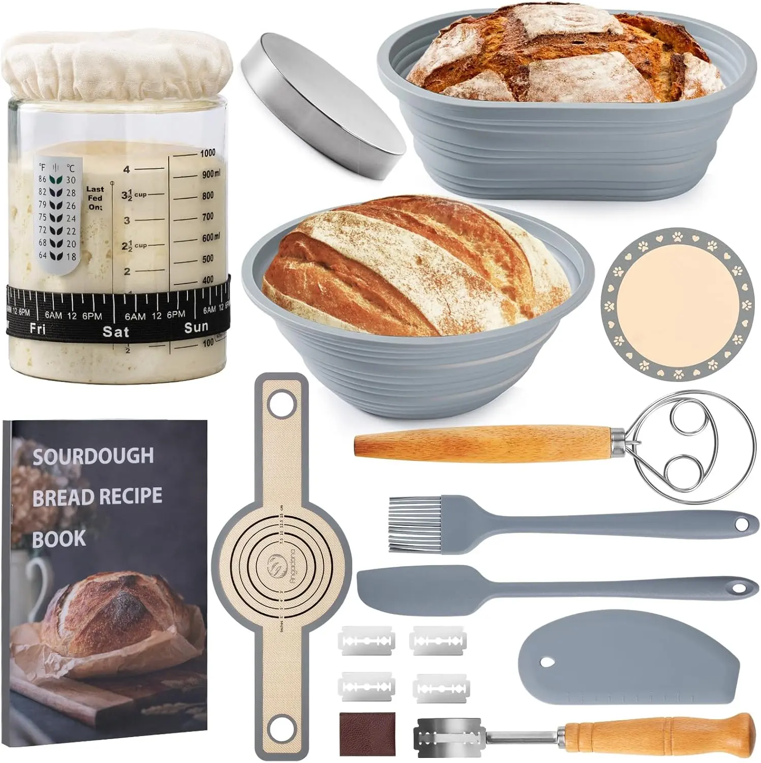 Angadona Sourdough Starter Kit - Complete Kit with Round & Oval Baking Sizes, Glass Jar, Silicone Sling, and Recipe Book - Perfect Gift Idea Bakeware