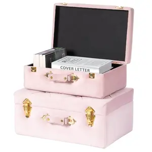 Vintiquewise Modern Wooden Rectangle Tufted Velvet Suitcase Organizer Boxes - Set of 2, Decorative Pink Bedroom Storage Organizer for Room Decor