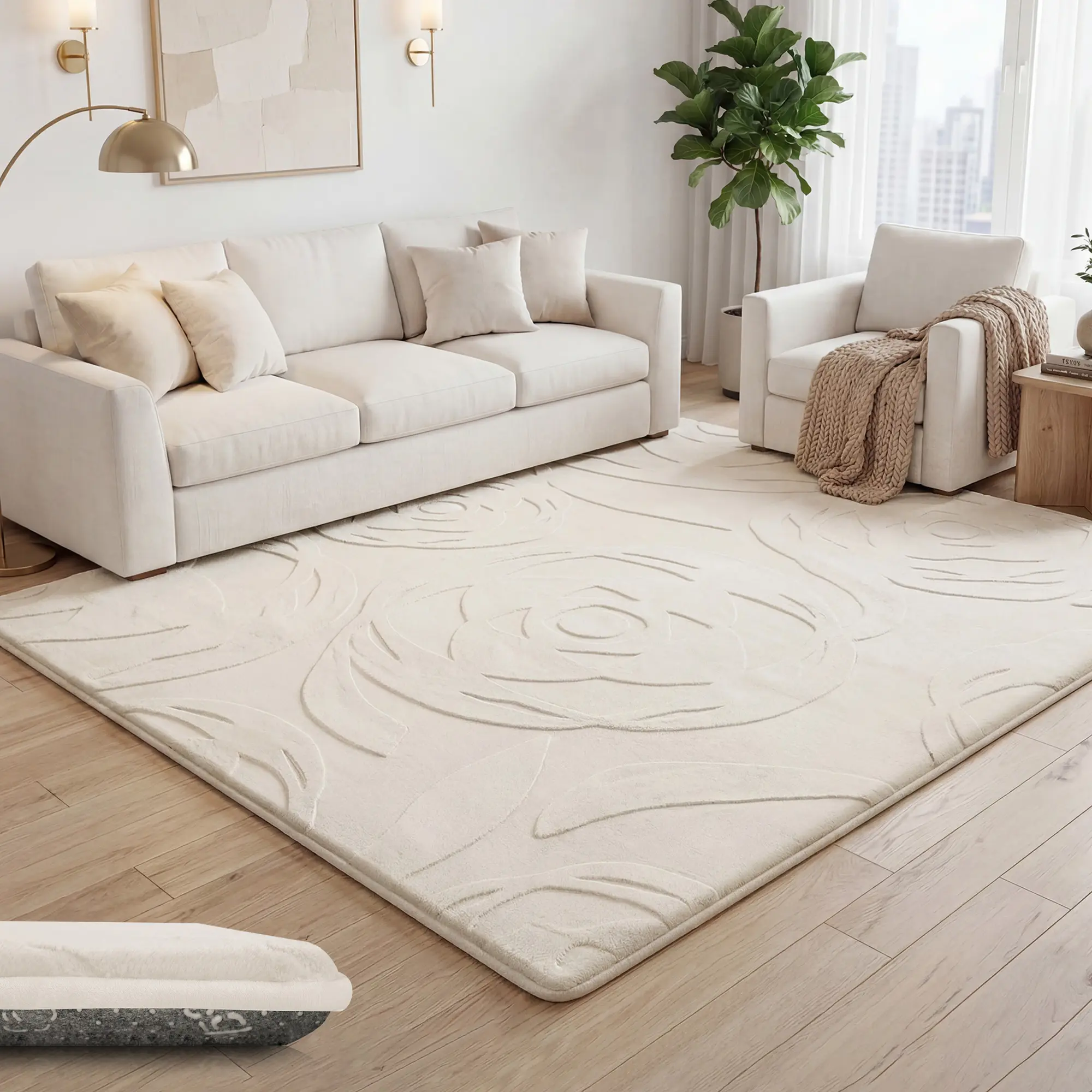 Large Size 1.3" Thick Plush Area Rug, Extra Soft Floral Non-Slip Baby Play Mat, Faux Fur Rose Jacquard Shag Rugs for Living Room