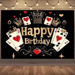 1pc 2D Flat Las Vegas Night Theme Happy Birthday Backdrop with Playing Cards, Hearts, Crowns & Golden Swirls - Black Polyester Party Decoration for Birthdays, Outdoor Celebrations, and Holiday Ev