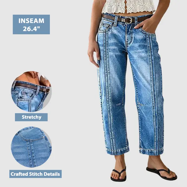 Flamingals Wash Stitch Detail Mid Waist Straight Leg Cropped Jeans Without Belt Womenswear Stretchy 26.4" Inseam