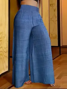 Plus Size Plain Shirred High Waist Wide Leg Fit Pants, Casual Comfy High Rise Palazzo Trousers for Daily Wear, Women's Bottoms for Summer