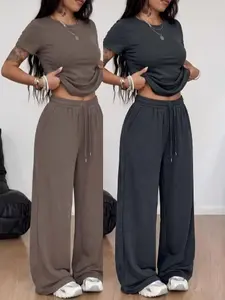 VVZ 2026 Women's 2 Piece Loungewear Set, Crew Neck Crop Short Sleeve Tee & Drawstring Wide Leg Pants Co Ord