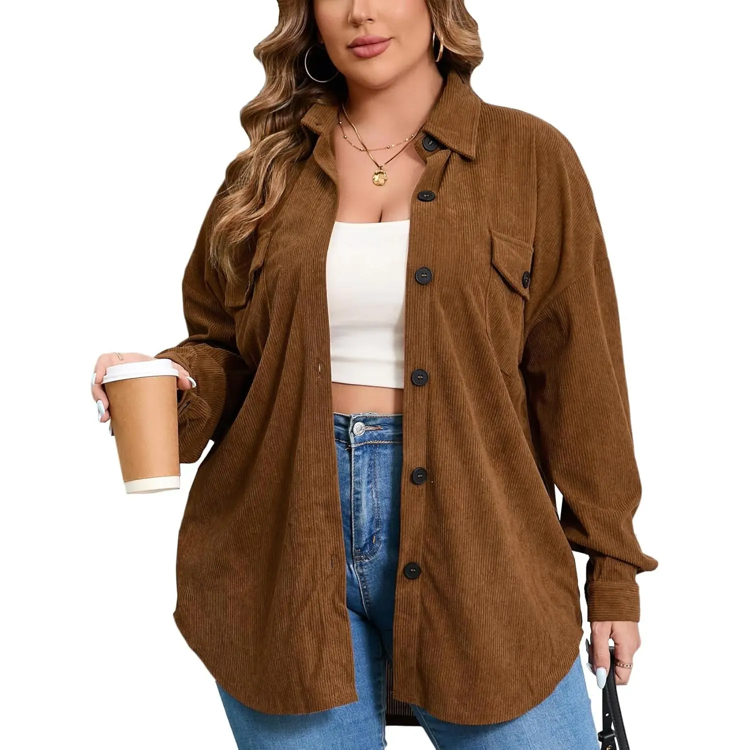 2026 Women's 1X-5X Plus Size Flannel Plaid Corduroy Shacket Jacket Oversized Button Down Coats Shirts Winter Fall2026
