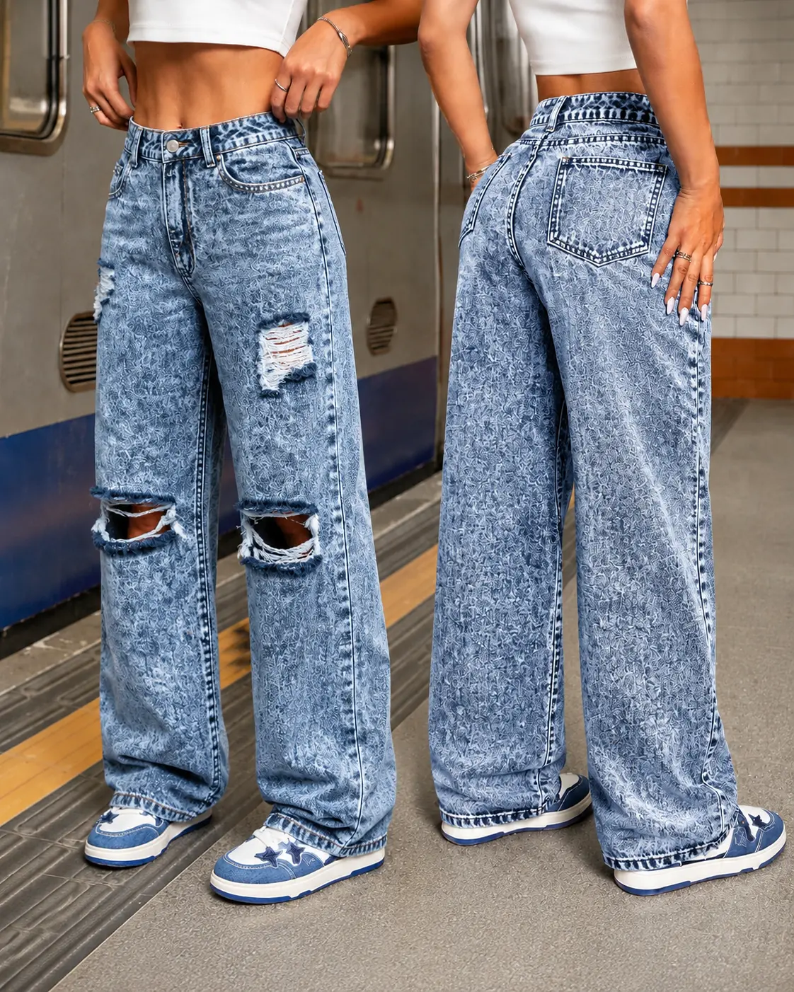 Women's High-Waist Retro Snowflake Washed Distressed Ripped Baggy Wide-Leg Street-Style Denim Jeans