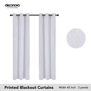 Deconovo Silver Wave Foil Print White Blackout Curtains, Grommet Light Blocking Room Darkening Drapes, Thermal Window Curtains for Bedroom Living Room