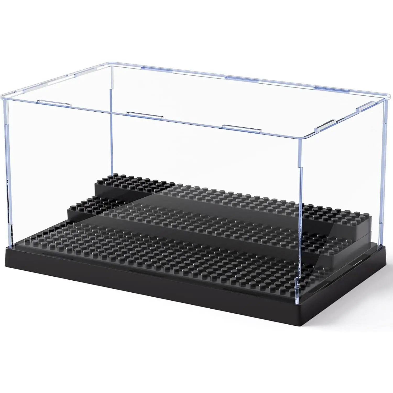 Minifigure Display Case for Action Figures Blocks, Clear Dustproof Acrylic Display Box Storage with 3 Movable Steps Gifts for Children,Black-