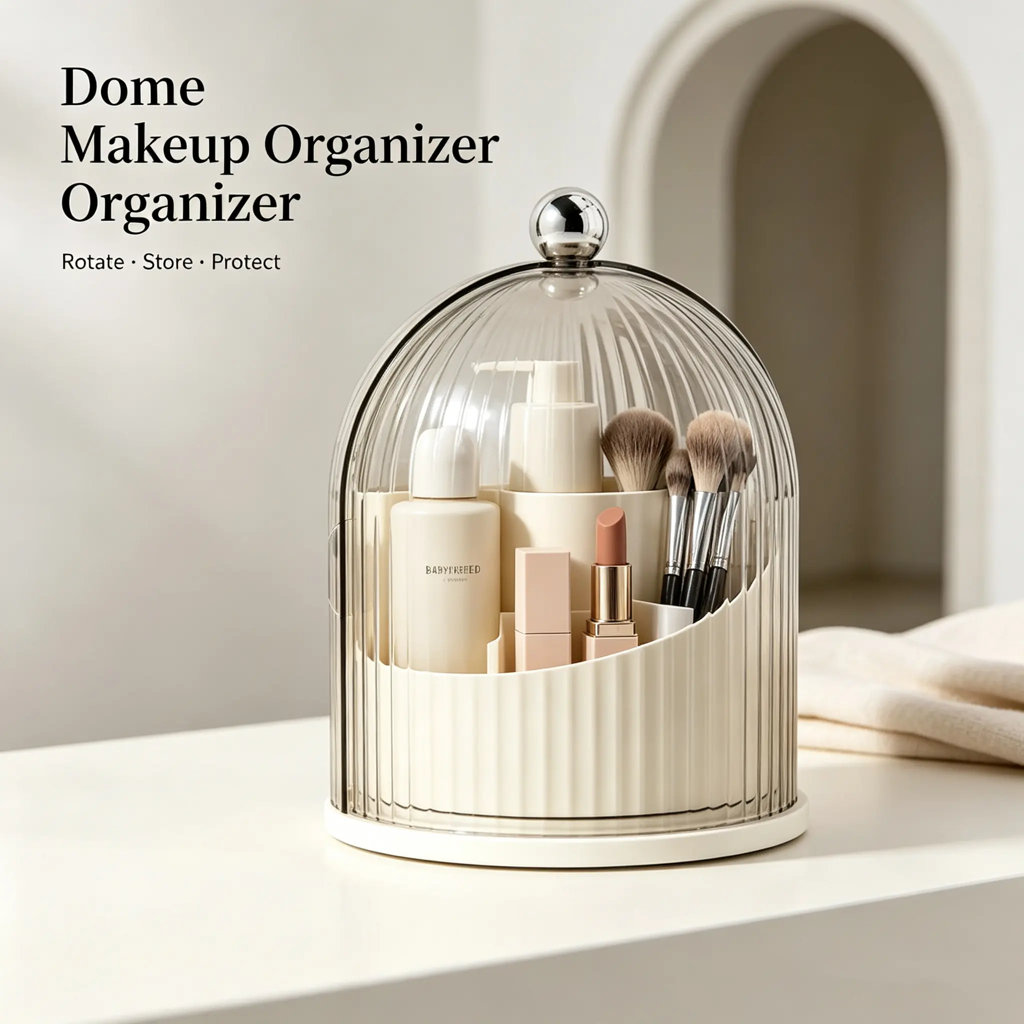 360° Rotating Makeup Organizer with Dustproof Clear Dome Lid, Multi-Compartment Cosmetic Storage Box, Vanity Countertop Holder for Brushes Lipsticks Skincare, Decorative Bathroom Organizer