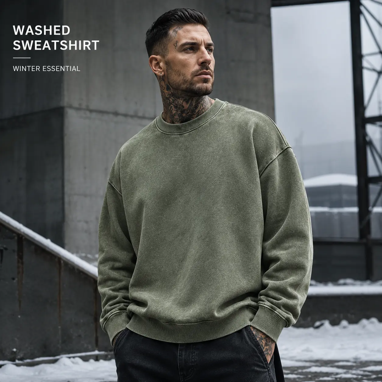 Men's Vintage Oversized Ribbed Soft Round Neck Pullover Sweatshirt - Washed Texture, Chic Solid Long Sleeve, Faded Look, 90S Kid Aesthetic, Casual Streetwear Tops, Relaxed Fit for Outdoors, Loose