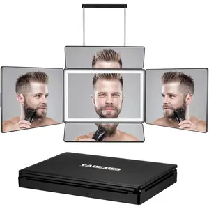 Rechargeable 5 Way Mirror for Hair , Real Glass Adjustable Trifold Mirror with Light & Telescoping Hooks for Makeup & Styling - Portable DIY Tool to Cut, Trim or Shave Your  & Neckline