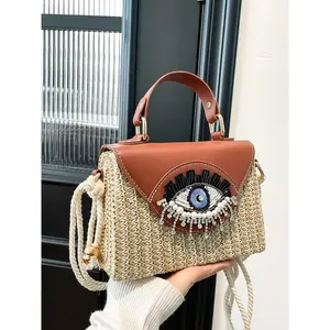 Women's Fashionable Straw Bag, Straw Crossbody Bag, Boho Style Handbag with Eye Design Charm, Casual Versatile Shoulder Bag, Handheld Bag Purse for Daily Travel, Shopping, Street Travel, Vacation, Beach