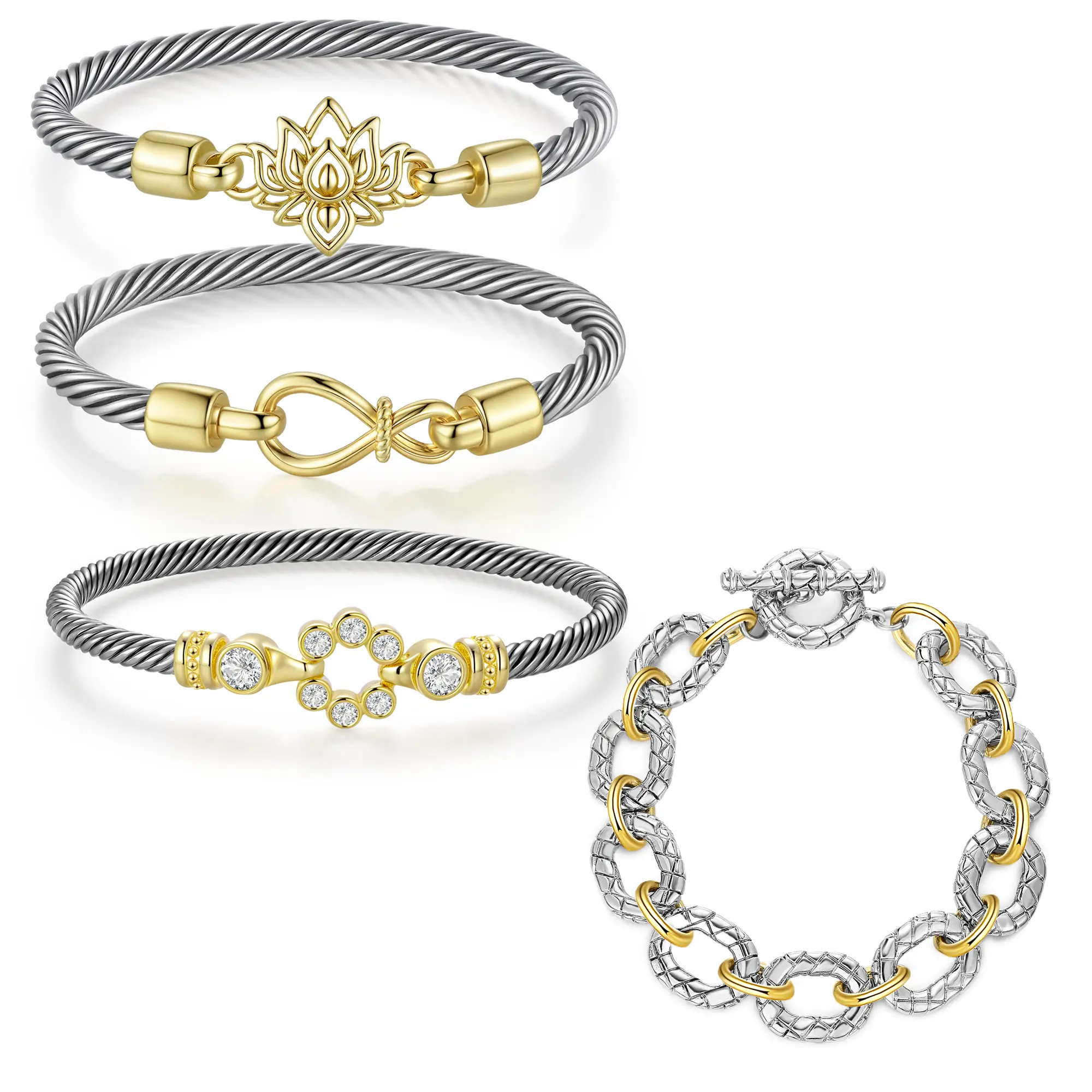 Aprilery Two-Tone Cable Bracelet Set – Clover Heart of Luck, Knot of Strength & Chain of Unity