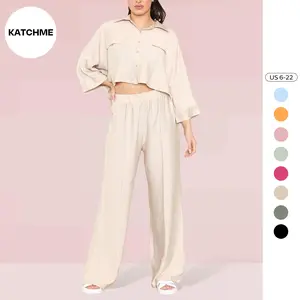 KatchMe Women's Versatile Long Sleeve Button Faux Pockets Crop Top & Elastic Waist Trousers Co-ord, Minimalist Lady Two-Piece Outfit for Womenswear