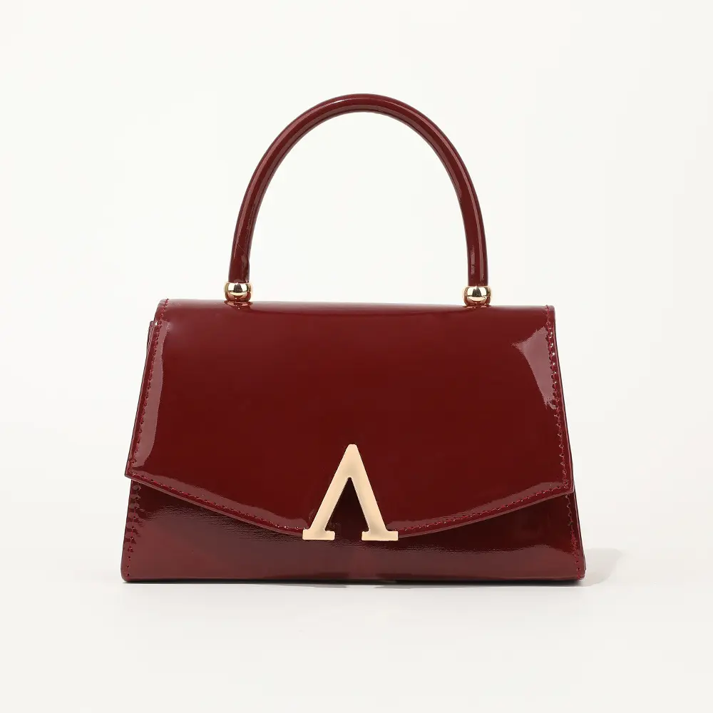 Women Burgundy Glossy Patent Leather Mini Top Handle Handbag, Vintage Envelope Flap Small Satchel Bag with Gold Triangle Metal Lock, Detachable Shoulder Strap Elegant Retro Crossbody Purse for Daily Work Dating Party
