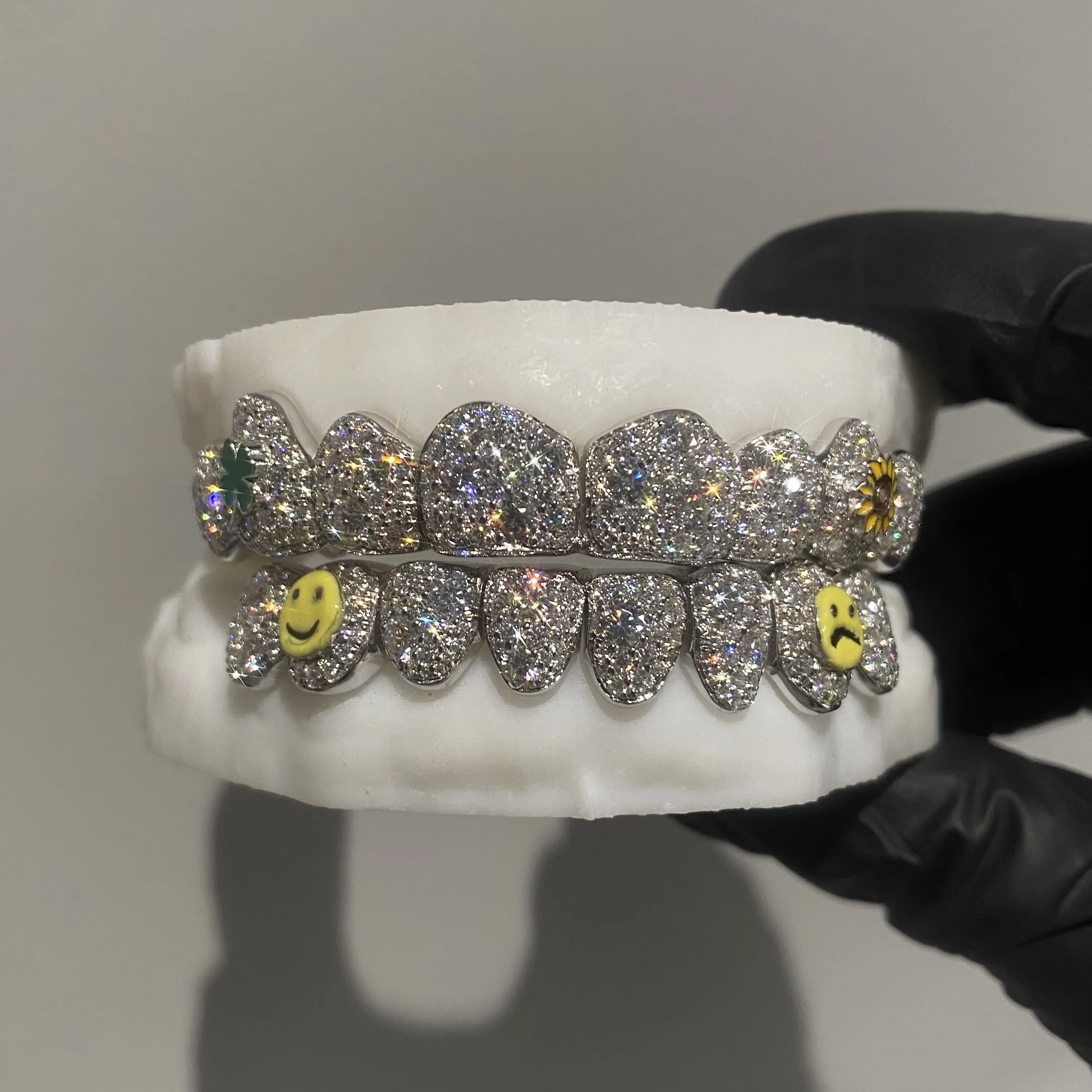 Hip Hop 925 Silver Mosaic Grillz for Men Women Custom Enamel Teeth Grillz With VVS Moissanite Diamond
