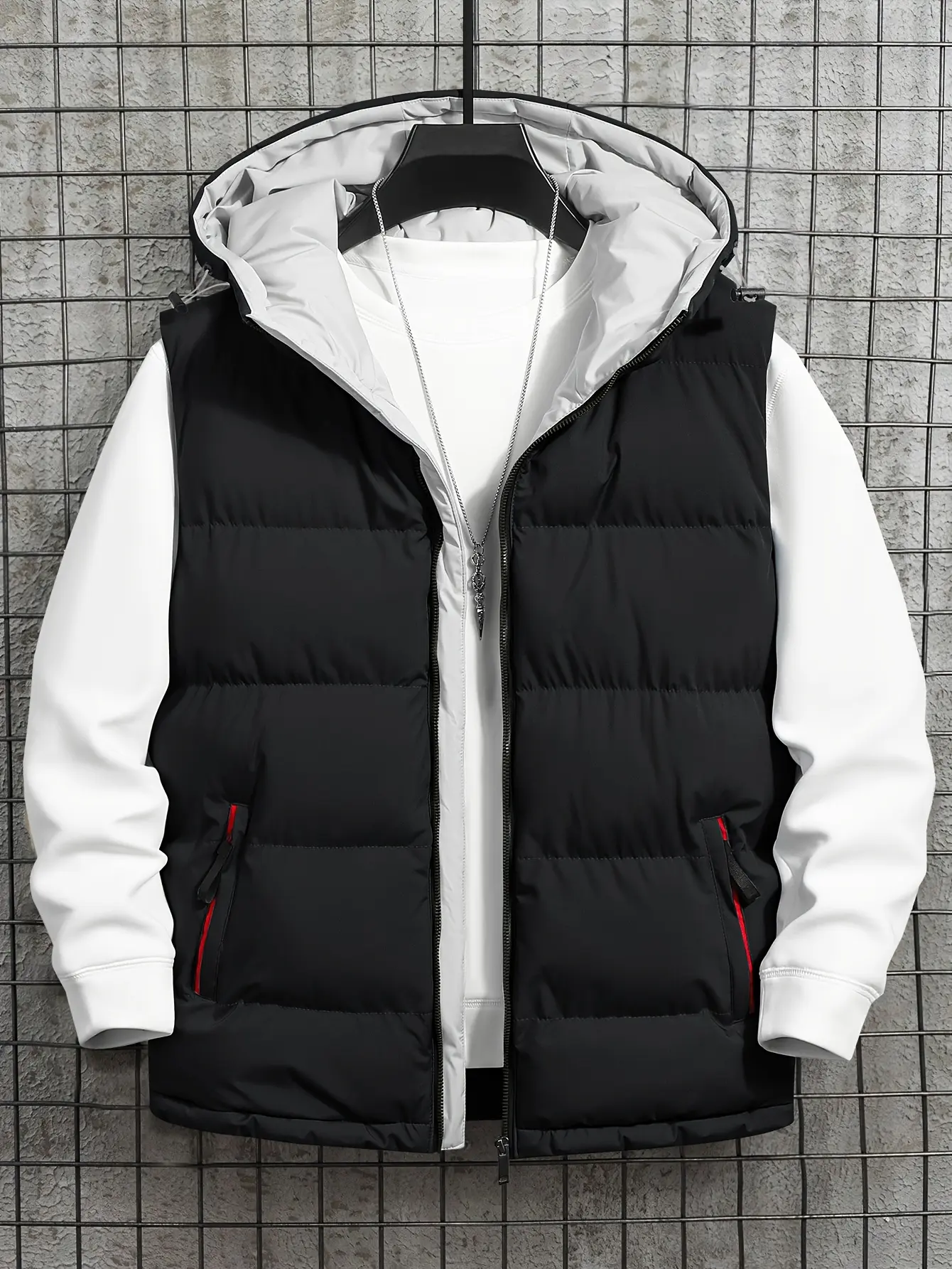 Men's Hooded Jacket Vest - Winter Coat with Zipper Pockets, Machine Washable for Fall & Spring (Brown White), Casual Outerwear for Cold Weather, Suitable for Outdoor Activities & Everyday Wear