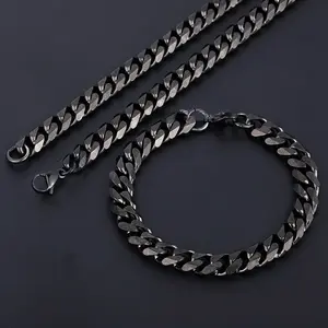 Mens Jewelry Sets Stainless Steel Black Color Curb Link Necklace Bracelet Jewelry Sets for Men Women Gifts 3/5/7/9/11mm