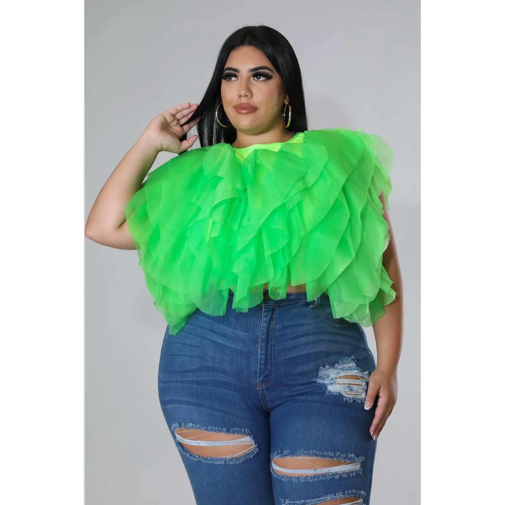Women's Plus Size Vegas Babe Ruffle Tulle Blouse - Elastic, Stretchy, Comfy Polyester Top