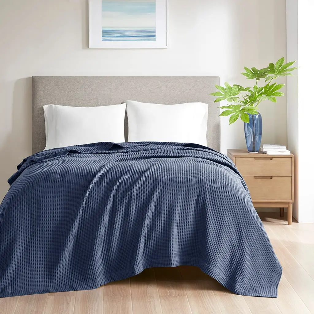 Beautyrest King Size Cotton Waffle Weave Blanket, Indigo, BR51N-3830, 108x90x0.25in, Lightweight, Machine Washable, Soft Breathable Bedding Blanket, Lightweight Blanket, Machine Washable Blanket