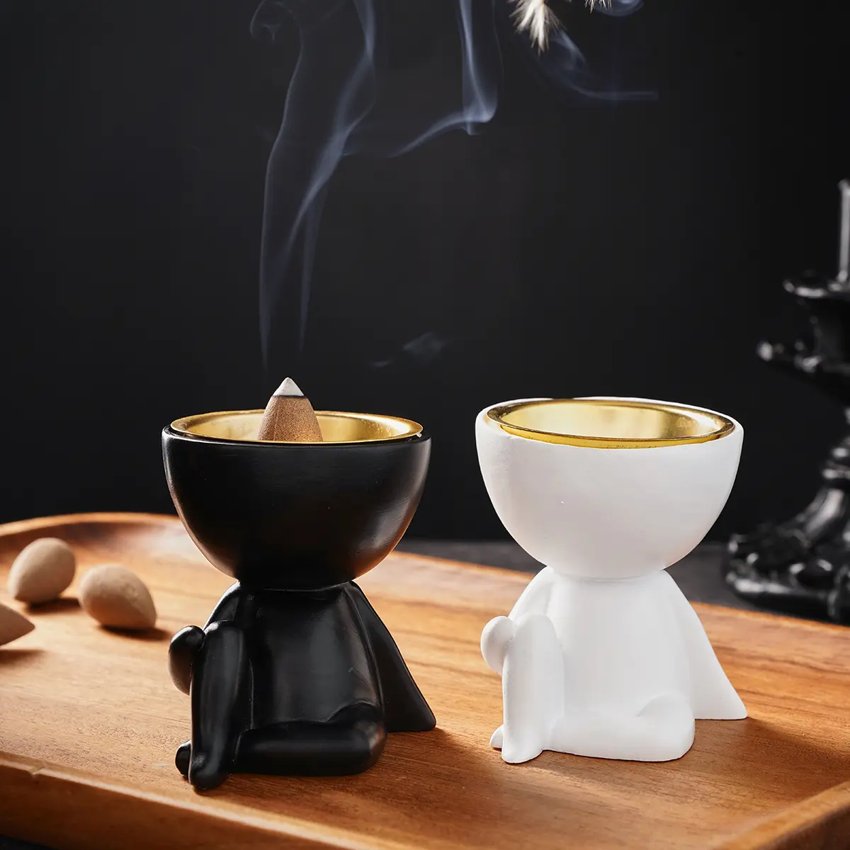 1PC, European-style creative single-knee cross-legged sitting figure candlestick, resin material black and white figure candlestick, suitable for home, Zen monastery, church and other places
