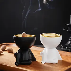 1PC, European-style creative single-knee cross-legged sitting figure candlestick, resin material black and white figure candlestick, suitable for home, Zen monastery, church and other places