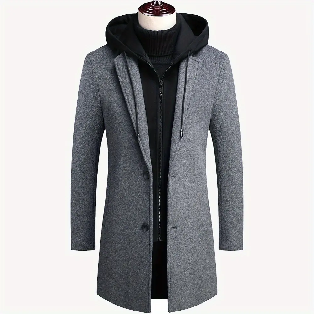 Men's Plain Mid-Length Wool Coat - Double Collar, Zipper Closure, Warm Long Sleeves, Business Casual Winter Outerwear, Menswear Jackets, Tops