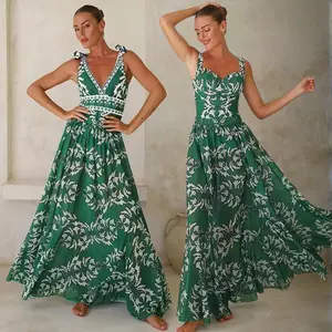 FLAXMAKER Women's V Neck Green Print One Piece Swimsuit and Matching Cover Skirt Set Swimdress Tummy Control Bathing Suit Stylish Beachwear